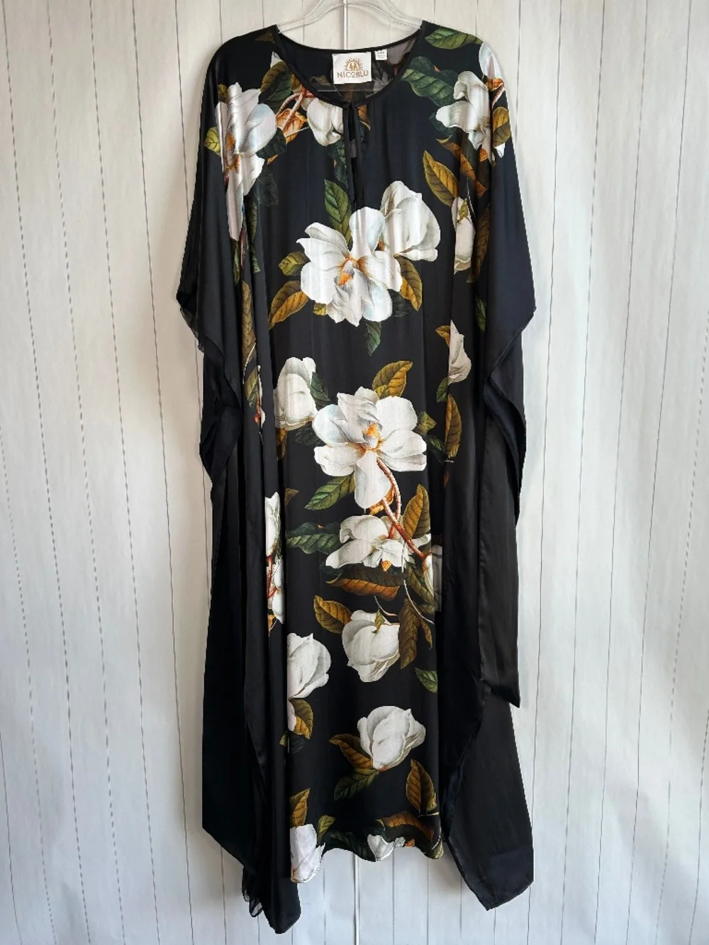 Nicoblu plus size 1X 2X 3X 4X Camellia belted kaftan maxi dress black 100% silk - Picture 1 of 14